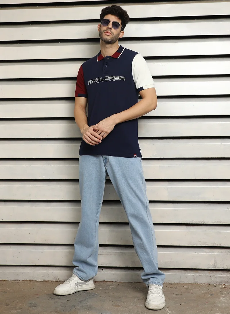 HIGH STAR Men's Navy Polo Collar Typographic Colorblocked T-Shirt
