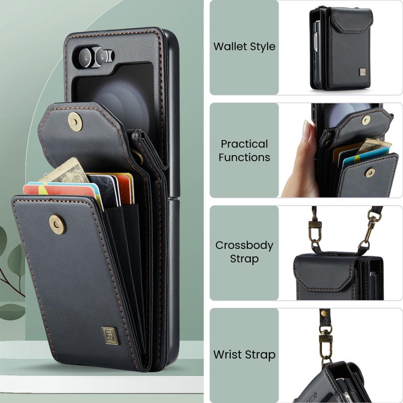 ASAPDOS Crossbody Case Compatible with Samsung Galaxy Z Flip 5,Retro PU Leather Strap Wristlet Flip Case with Magnetic Closure and Card Holder for Men Women Black - Image 2