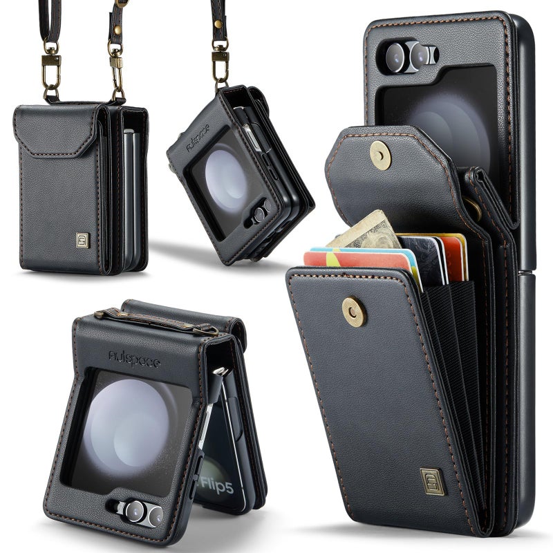 ASAPDOS Crossbody Case Compatible with Samsung Galaxy Z Flip 5,Retro PU Leather Strap Wristlet Flip Case with Magnetic Closure and Card Holder for Men Women Black - Image 1