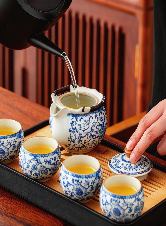 CmengAo Blue and White Porcelain Teapot and Teacups Set, Ceramic Floral Tea Pot with 4 Tea Cups, Chinese Kungfu Tea Pitcher Sets for Home Office Zen Tea Ceremony, Gift Box Packaging (8.5 oz) - Image 2