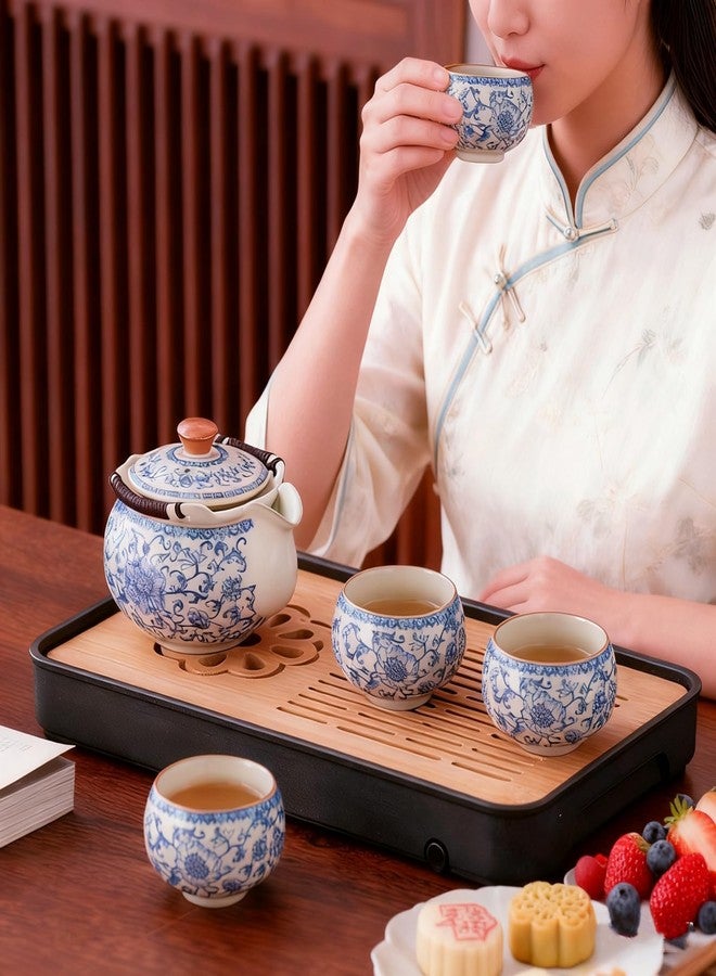 CmengAo Blue and White Porcelain Teapot and Teacups Set, Ceramic Floral Tea Pot with 4 Tea Cups, Chinese Kungfu Tea Pitcher Sets for Home Office Zen Tea Ceremony, Gift Box Packaging (8.5 oz) - Image 5