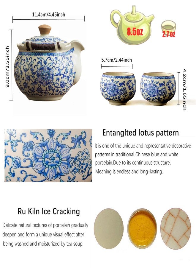 CmengAo Blue and White Porcelain Teapot and Teacups Set, Ceramic Floral Tea Pot with 4 Tea Cups, Chinese Kungfu Tea Pitcher Sets for Home Office Zen Tea Ceremony, Gift Box Packaging (8.5 oz) - Image 3