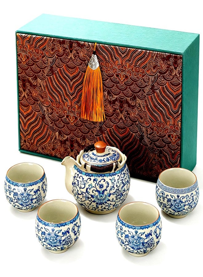 CmengAo Blue and White Porcelain Teapot and Teacups Set, Ceramic Floral Tea Pot with 4 Tea Cups, Chinese Kungfu Tea Pitcher Sets for Home Office Zen Tea Ceremony, Gift Box Packaging (8.5 oz) - Image 1