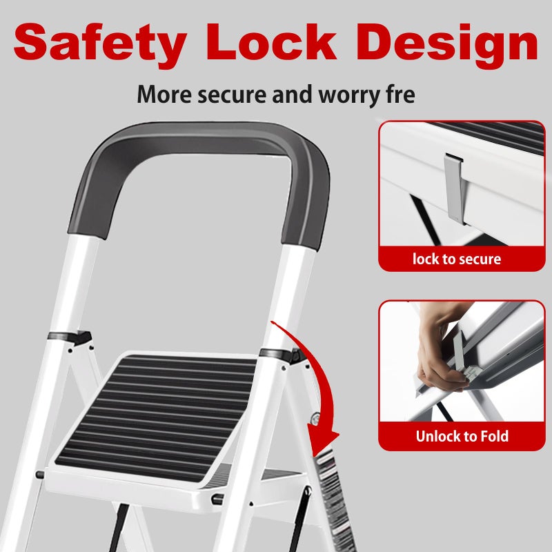 JaxSteam 3 Step Ladder with Handrail and Anti-Slip and Wide Pedal 330lbs Capacity Folding Step Stool for Household Kitchen Office(White-F, 3-Step with Handrail) - Image 3