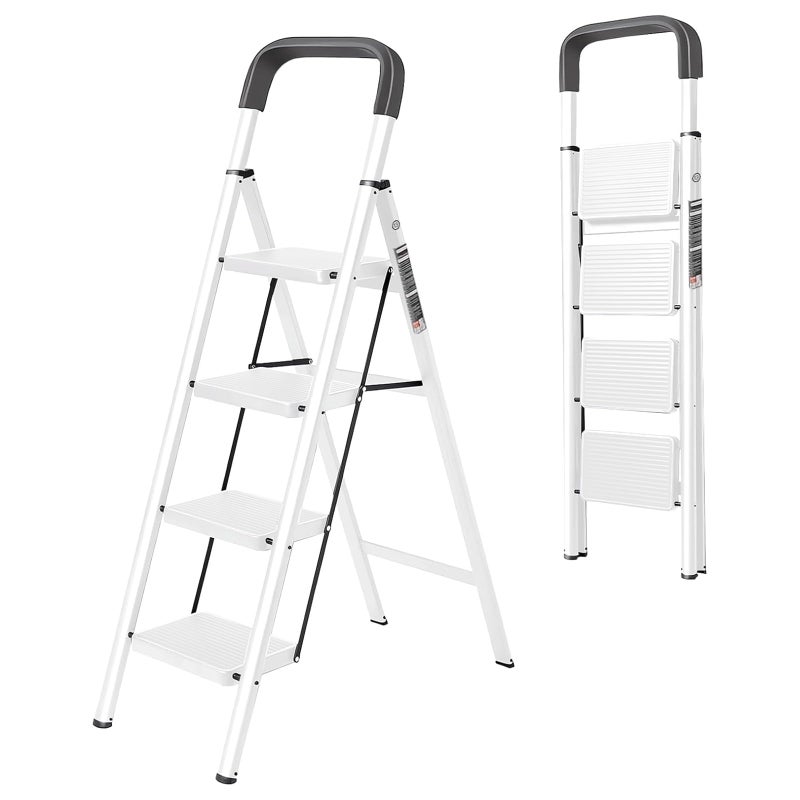 JaxSteam 3 Step Ladder with Handrail and Anti-Slip and Wide Pedal 330lbs Capacity Folding Step Stool for Household Kitchen Office(White-F, 3-Step with Handrail) - Image 1