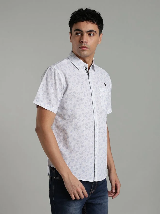 Kuons Avenue  KUONS AVENUE Men White Leaf Print Linen Cotton Shirt for Men | Best Price UAE