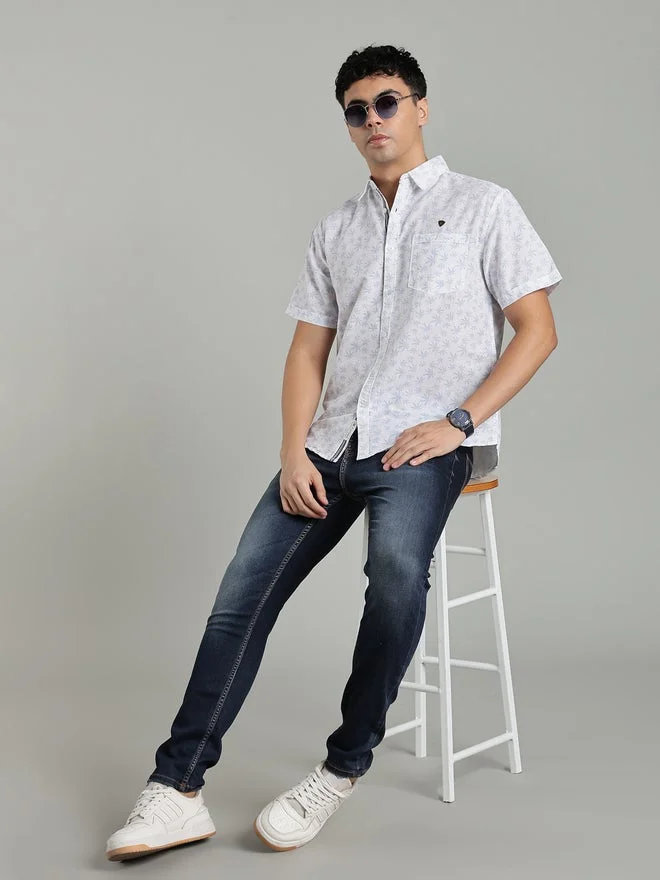 Kuons Avenue  KUONS AVENUE Men White Leaf Print Linen Cotton Shirt for Men | Best Price UAE
