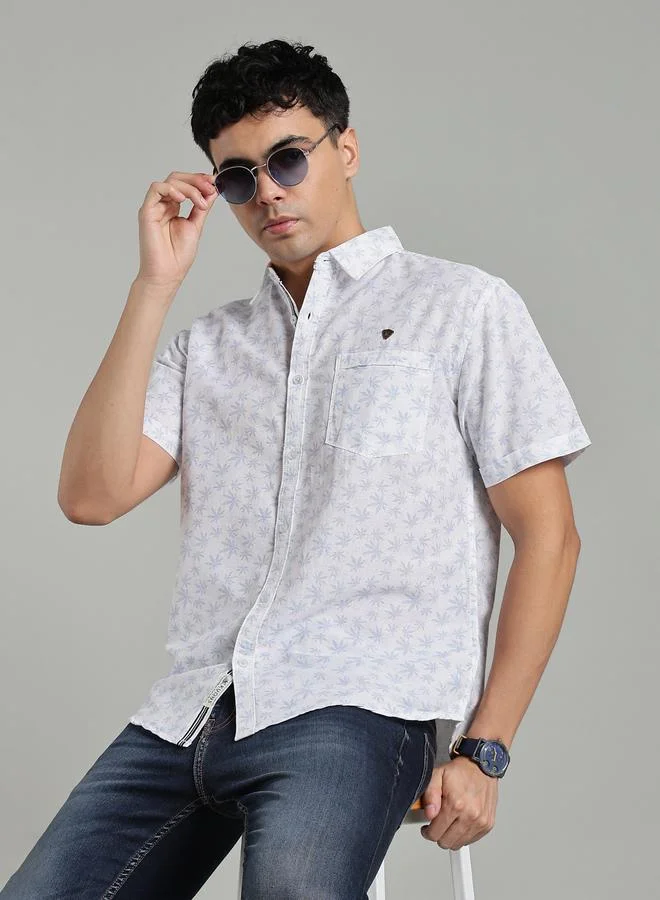 Kuons Avenue  KUONS AVENUE Men White Leaf Print Linen Cotton Shirt for Men | Best Price UAE