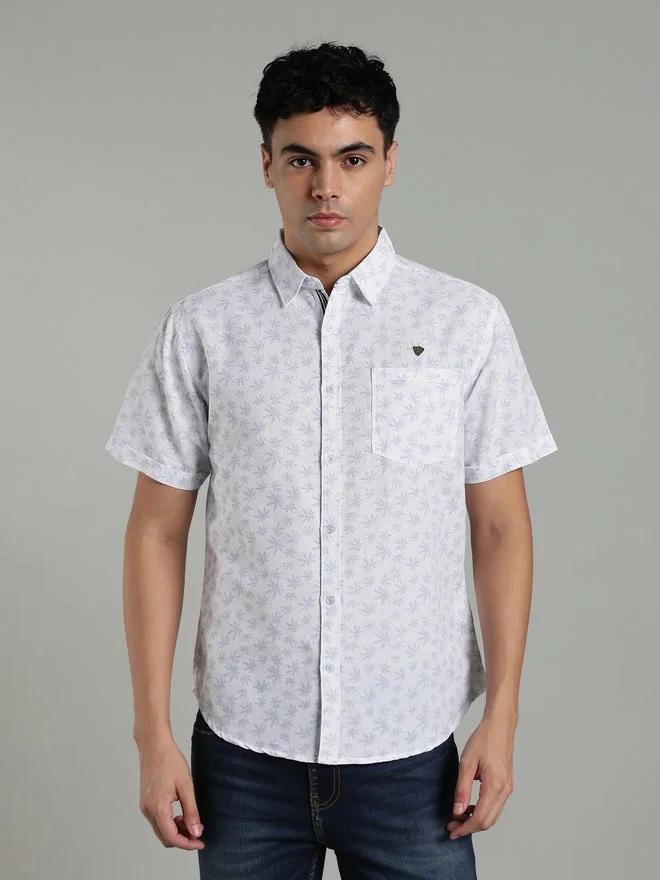Kuons Avenue  KUONS AVENUE Men White Leaf Print Linen Cotton Shirt for Men | Best Price UAE