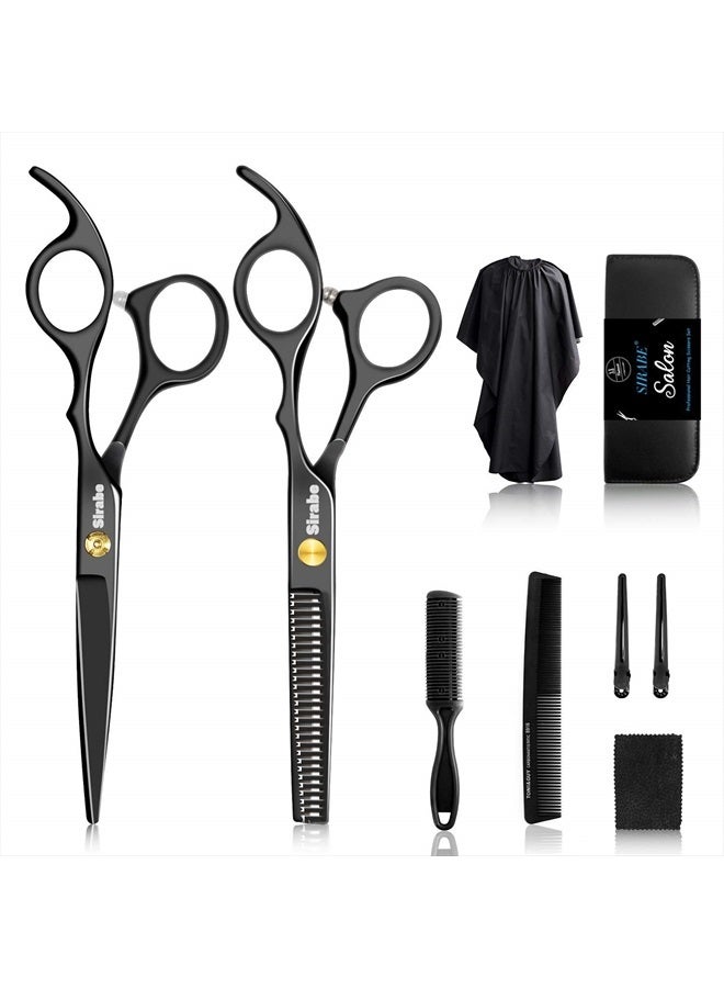 Sirabe 10 PCS Hair Cutting Scissors Set, Professional Haircut Scissors Kit with Cutting Scissors,Thinning Scissors, Comb,Cape, Clips, Black Hairdressing Shears Set for Barber, Salon, Home - Image 1