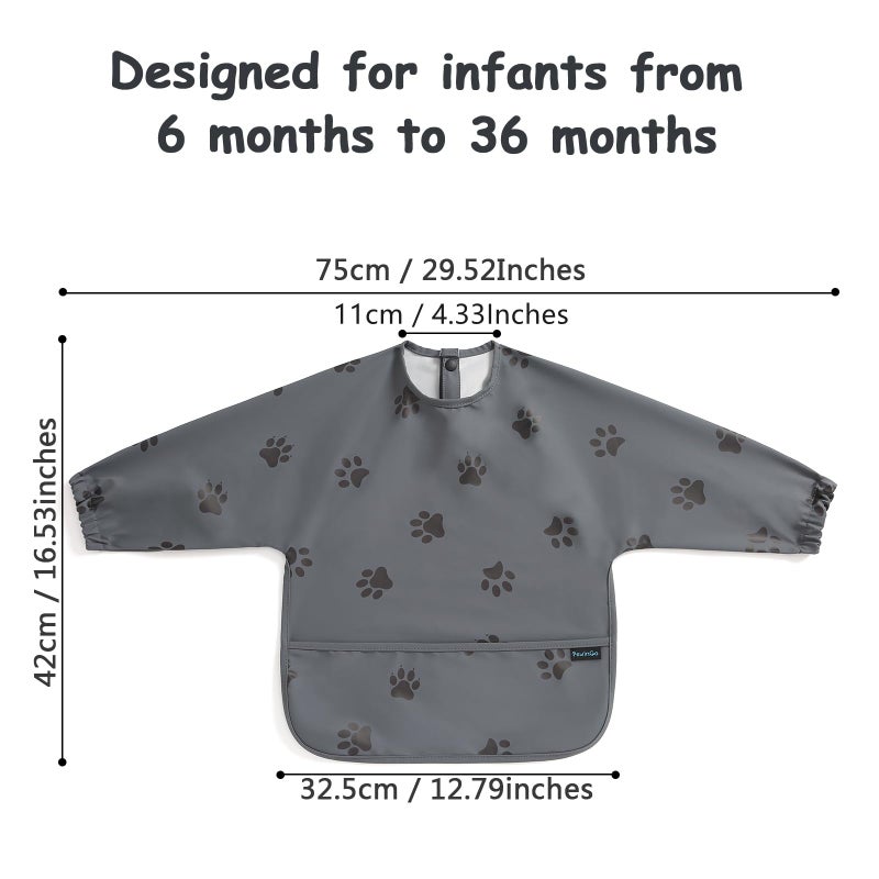 PewinGo Baby Bib with Long Sleeves Bib & BLW, Machine Washable & Soft and Skin-Friendly Material, Coverall Bibs for Baby Feeding, Waterproof and Easy to Clean, for Baby Infant Toddlers (Dark Grey) - Image 2