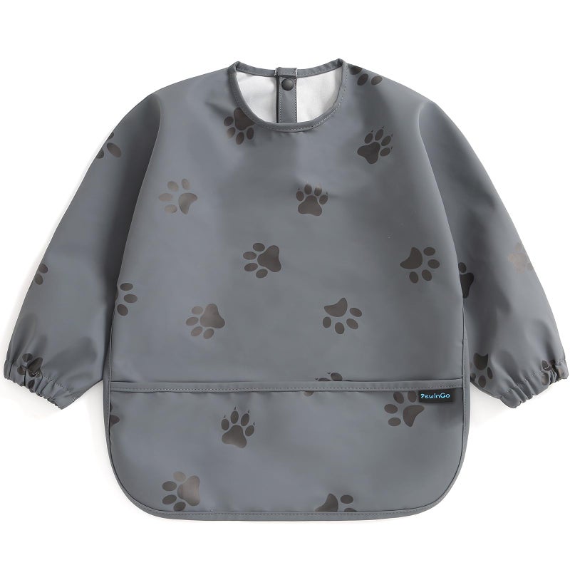 PewinGo Baby Bib with Long Sleeves Bib & BLW, Machine Washable & Soft and Skin-Friendly Material, Coverall Bibs for Baby Feeding, Waterproof and Easy to Clean, for Baby Infant Toddlers (Dark Grey) - Image 1