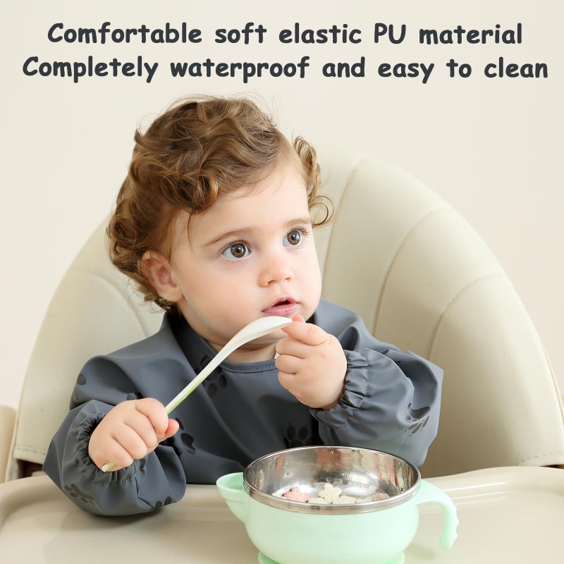 PewinGo Baby Bib with Long Sleeves Bib & BLW, Machine Washable & Soft and Skin-Friendly Material, Coverall Bibs for Baby Feeding, Waterproof and Easy to Clean, for Baby Infant Toddlers (Dark Grey) - Image 3