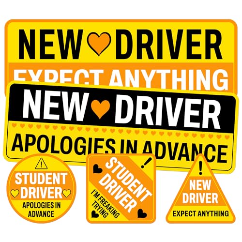 BETANAS Student New Driver Sticker Pack 5 Pieces Vinyl Waterproof UV Printed Funny Yellow Color Stickers for Girl Men Women Gift Birthday Decals Sign for Cars Windows Bumper Bike - Image 1