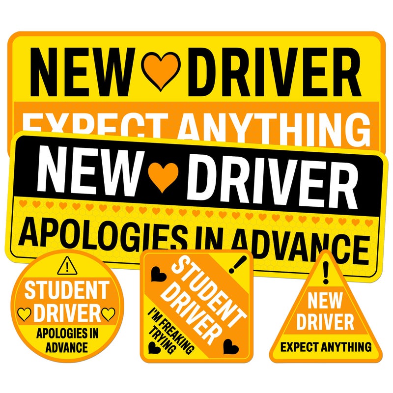 BETANAS Student New Driver Sticker Pack 5 Pieces Vinyl Waterproof UV Printed Funny Yellow Color Stickers for Girl Men Women Gift Birthday Decals Sign for Cars Windows Bumper Bike - Image 3