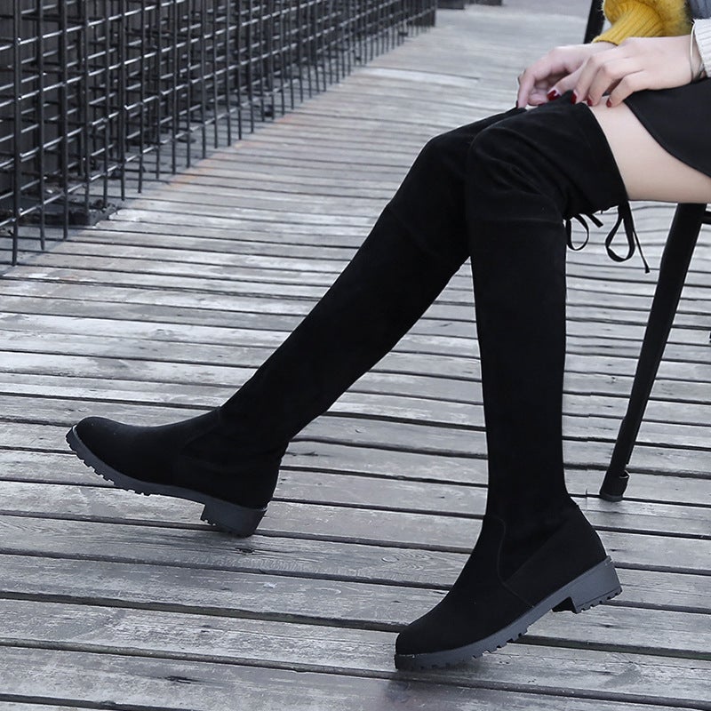 Over-the-Knee Boots Womens Black New All-Match Slimming Thick Heel Pointed High Boots Shoes Flat Boots Womens ShoesBlack plus velvet 3cm Black plus velvet 3cm 