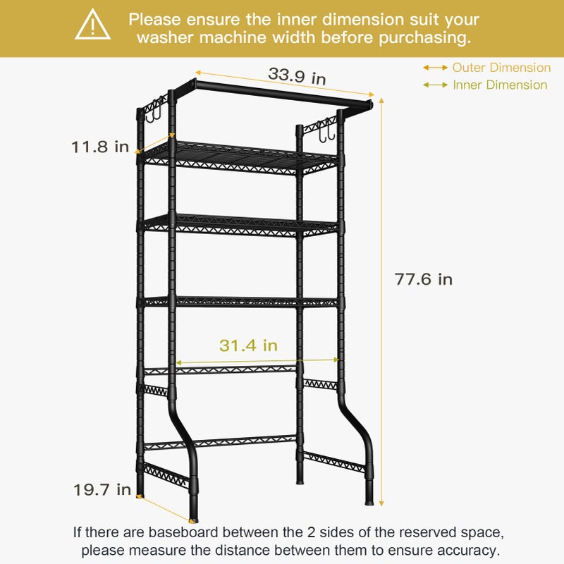 Ulif U11 Over Washer and Dryer Shelves, 3 Tiers Laundry Room Storage and Organizer Standing Shelf, Metal Freestanding Clothes Drying Rack, 33.9" W x 19.7" D x 77.6" H, Black - Image 3