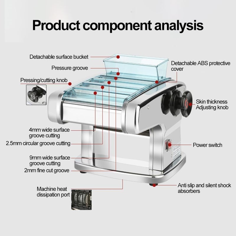 صانع المعكرونة الكهربائي، آلة النودلز الأوتوماتيكية، آلة عجين المعكرونة الطازجة من الفولاذ المقاوم للصدأ، 9 إعدادات للسمك، مثالي للسباغيتي والفيتوتشيني واللازانيا - Image 2