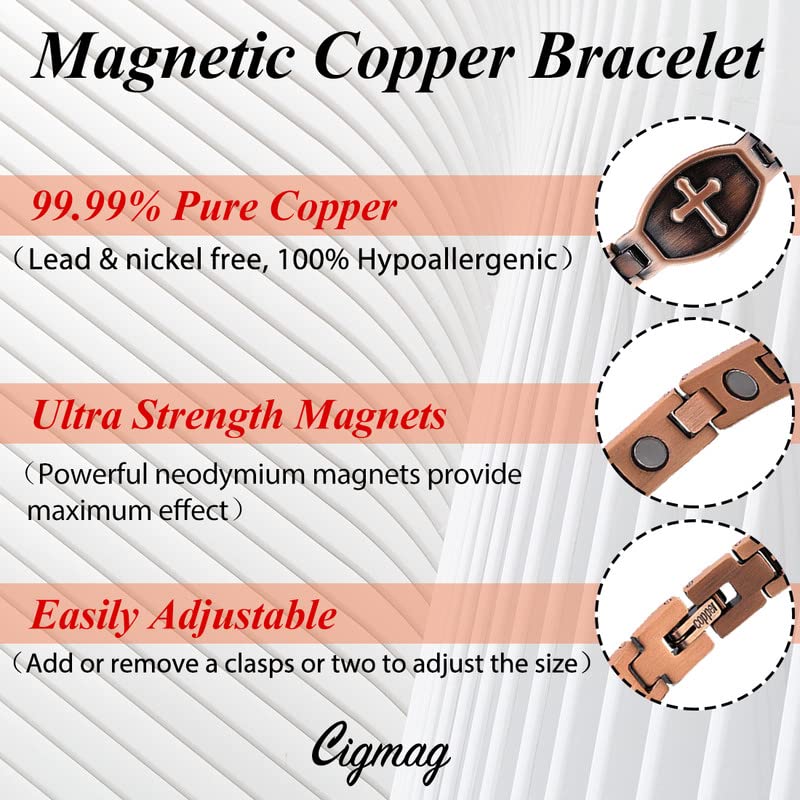 Cigmag Copper Bracelet for Women, Magnetic Bracelets for Women with Ultra Magnets, Pure Copper Adjustable with Sizing Tool (Cross) - Image 2