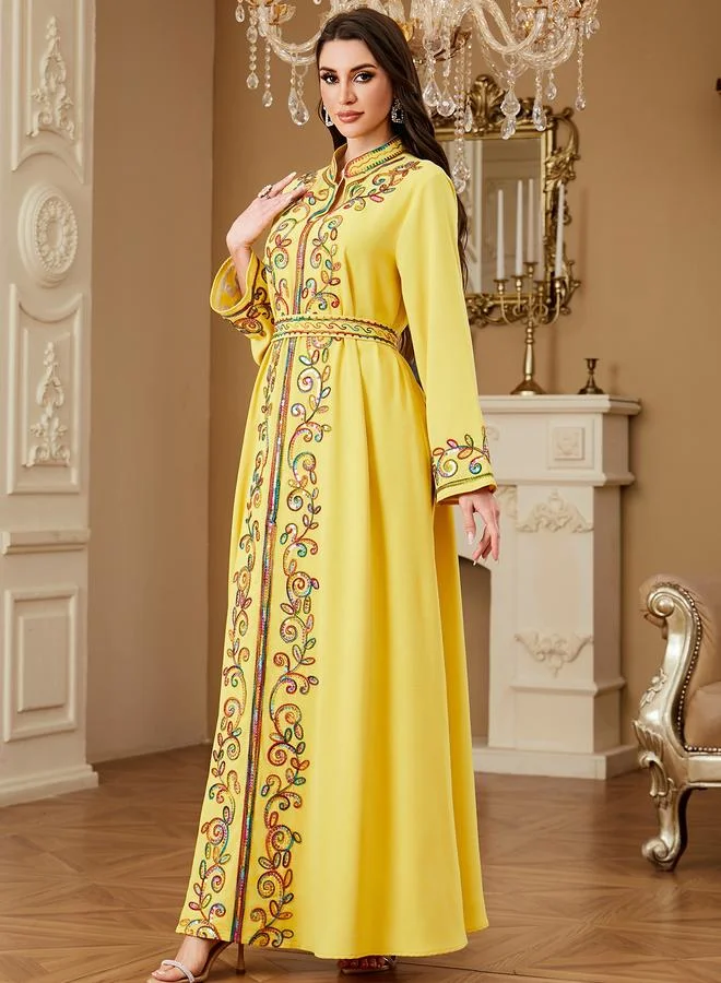 تايك تو Yellow Tie-Up Detail Embroidered Maxi Jalabiya