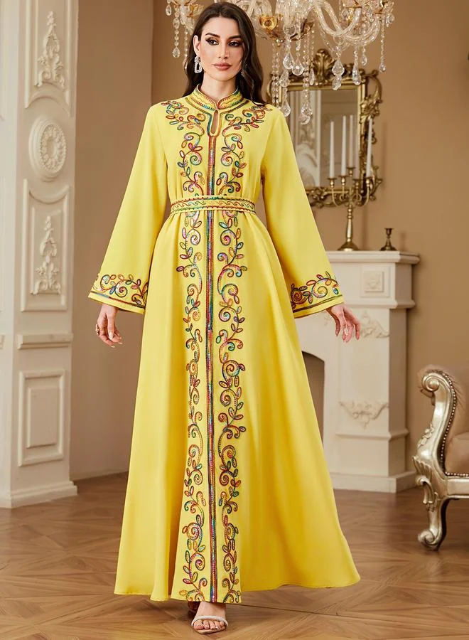 تايك تو Yellow Tie-Up Detail Embroidered Maxi Jalabiya