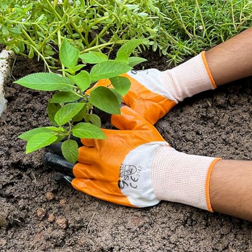 Cinagro Garden Gloves for Gardening Work, Durable Hand Gloves for Home Garden Use, Essential Gardening Accessories for Plant Care, Digging, Weeding & Outdoor Tasks, Reusable Protective Gloves (Orange) - Image 1