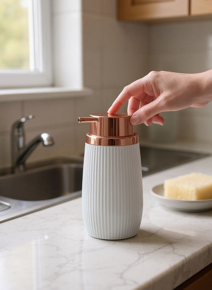 Okyanus Acrylic striped soap dispenser 300 ml refillable hand soap or lotion dispenser with bronze pump head stylish bathroom & kitchen accessory 8 w × 15.8 h cm white - Image 3