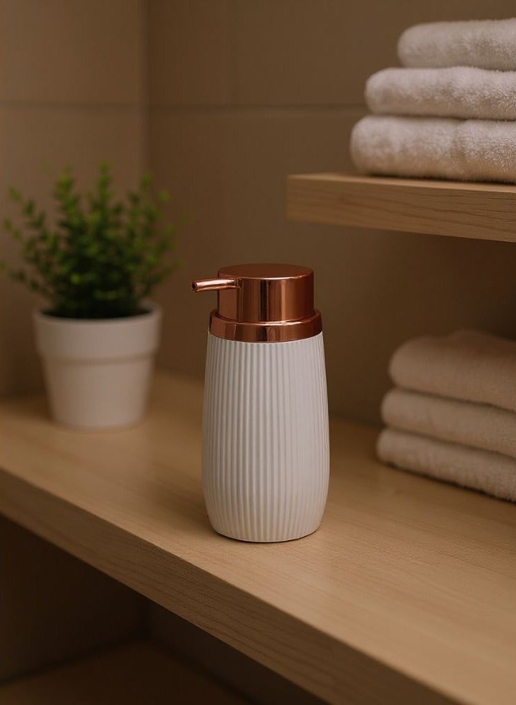 Okyanus Acrylic striped soap dispenser 300 ml refillable hand soap or lotion dispenser with bronze pump head stylish bathroom & kitchen accessory 8 w × 15.8 h cm white - Image 5