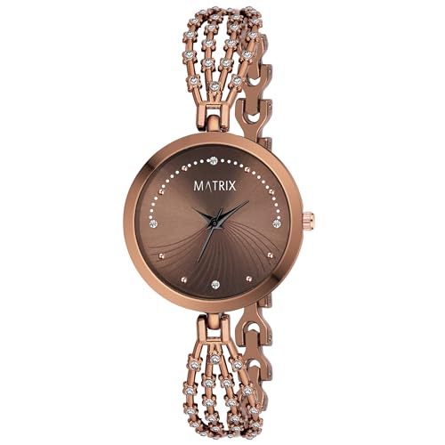 Matrix Daisy Collection, Stone Studded Dial with Designer Stone Studded Bracelet Chain Analog Watch for Women & Girls (Copper, Silver, Silver, Stainless Steel) - Image 1