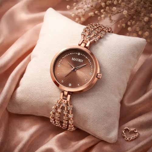 Matrix Daisy Collection, Stone Studded Dial with Designer Stone Studded Bracelet Chain Analog Watch for Women & Girls (Copper, Silver, Silver, Stainless Steel) - Image 2