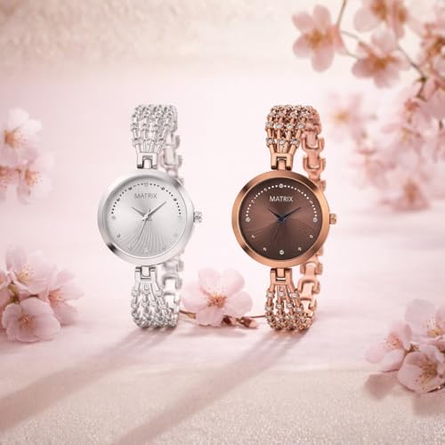 Matrix Daisy Collection, Stone Studded Dial with Designer Stone Studded Bracelet Chain Analog Watch for Women & Girls (Copper, Silver, Silver, Stainless Steel) - Image 5