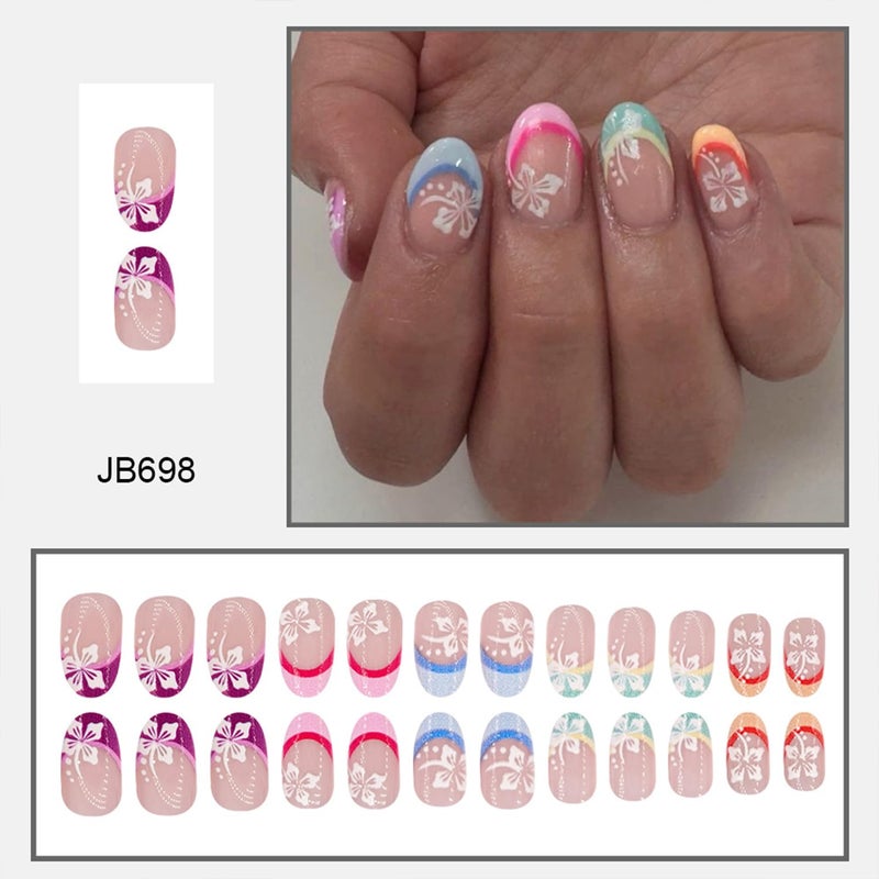 Vopintpy Flower French Tip Press on Nails Short Oval Fake Nails Glossy Acrylic Stick on Nails Artificial Stick on Nails for Women - Image 5