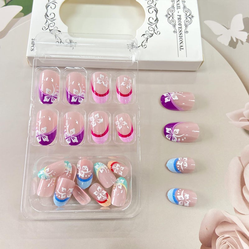 Vopintpy Flower French Tip Press on Nails Short Oval Fake Nails Glossy Acrylic Stick on Nails Artificial Stick on Nails for Women - Image 3