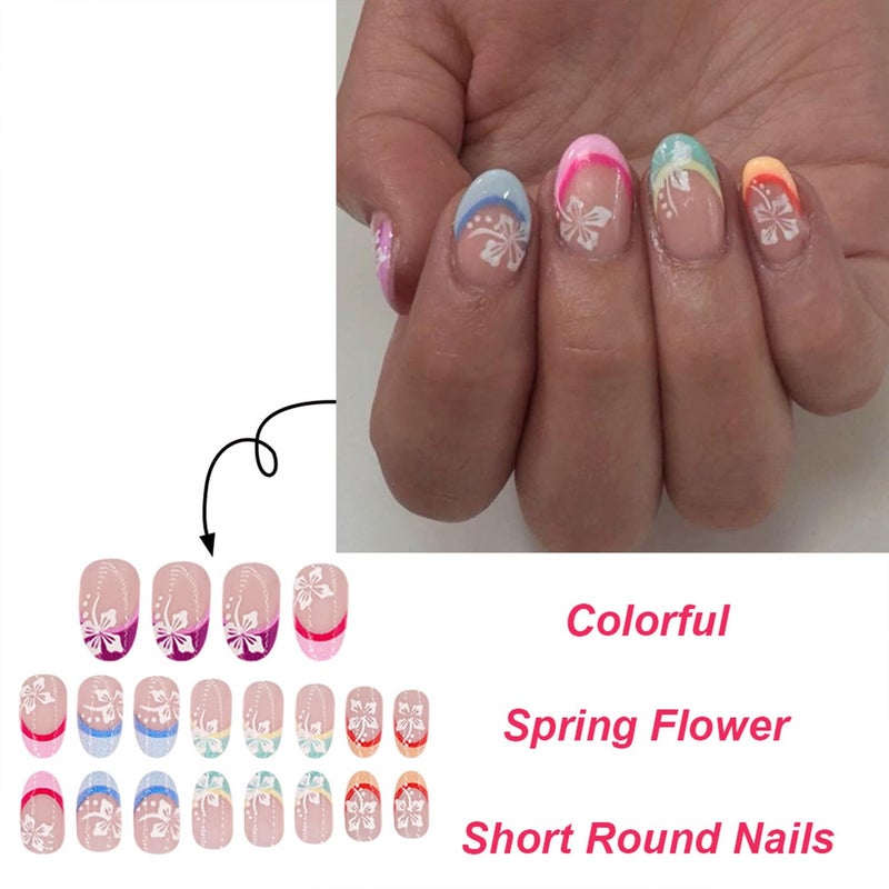 Vopintpy Flower French Tip Press on Nails Short Oval Fake Nails Glossy Acrylic Stick on Nails Artificial Stick on Nails for Women - Image 2