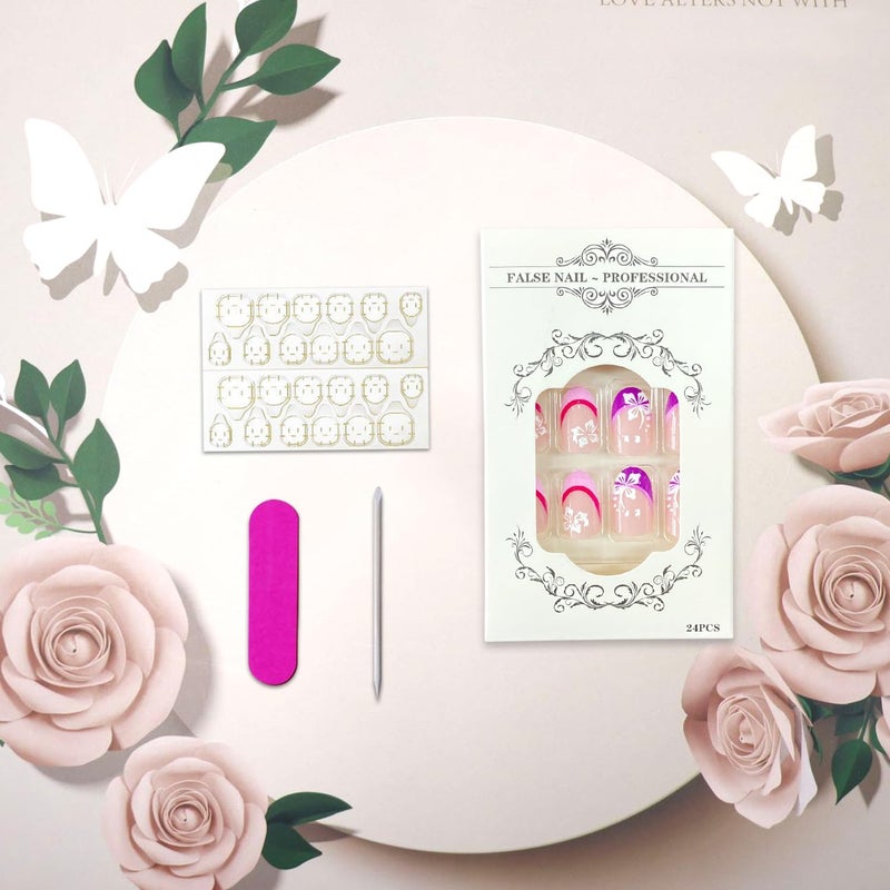 Vopintpy Flower French Tip Press on Nails Short Oval Fake Nails Glossy Acrylic Stick on Nails Artificial Stick on Nails for Women - Image 4