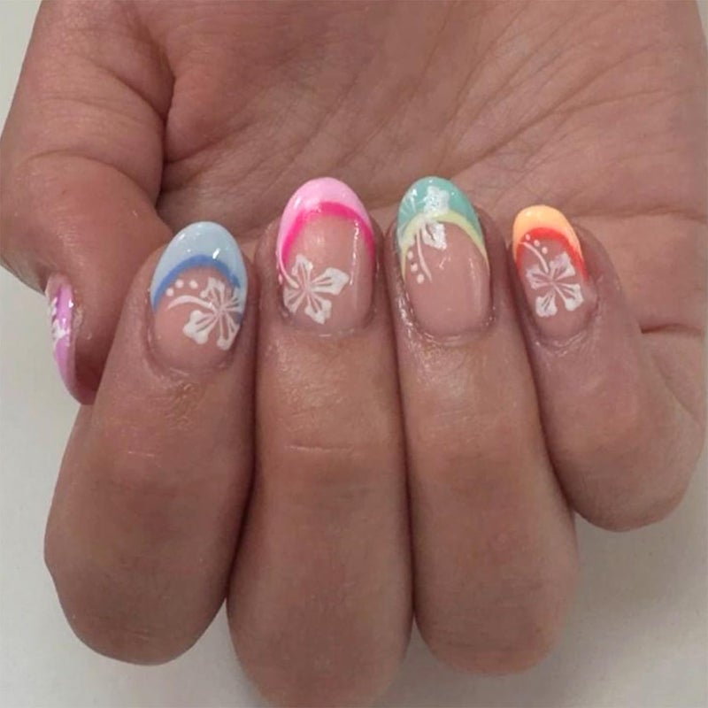 Vopintpy Flower French Tip Press on Nails Short Oval Fake Nails Glossy Acrylic Stick on Nails Artificial Stick on Nails for Women - Image 1