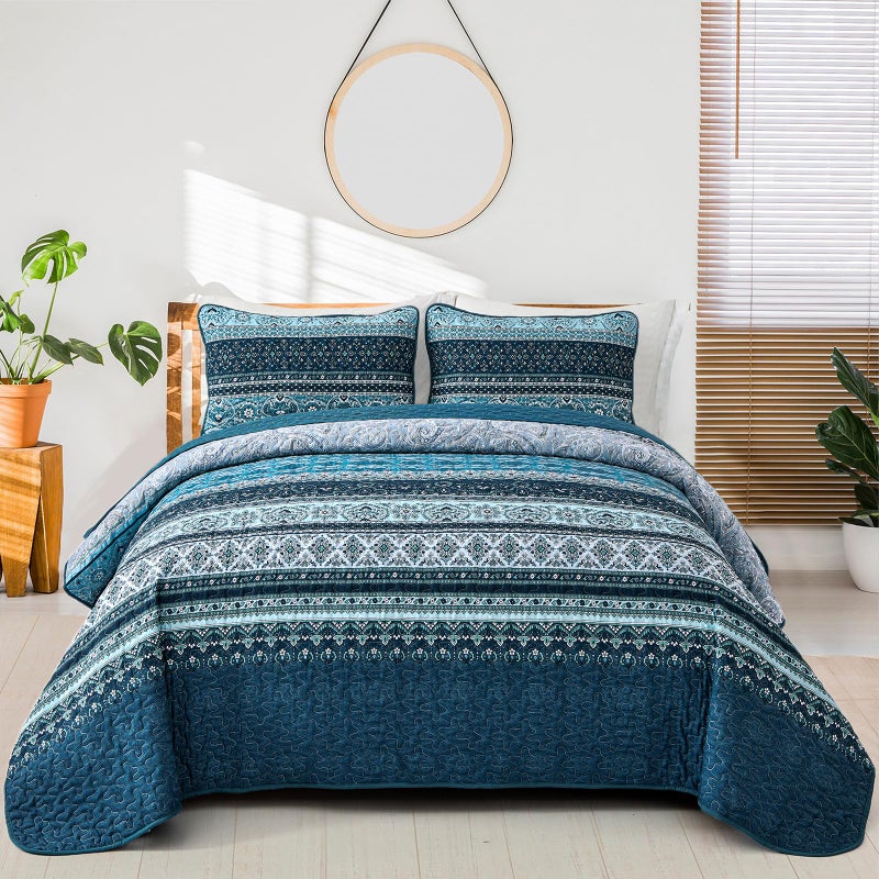 طقم لحاف كوين بوهو من وونغز bedding باللون الأزرق 96x90 3 قطع