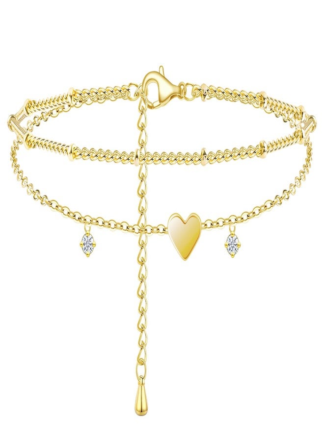 Poxtex Gold Heart Anklet for Women Waterproof, Zircon Gemstone Multilayer Cute Gold Layered Ankle Bracelets for Women, Jewelry Gifts for Mom Her - Image 1
