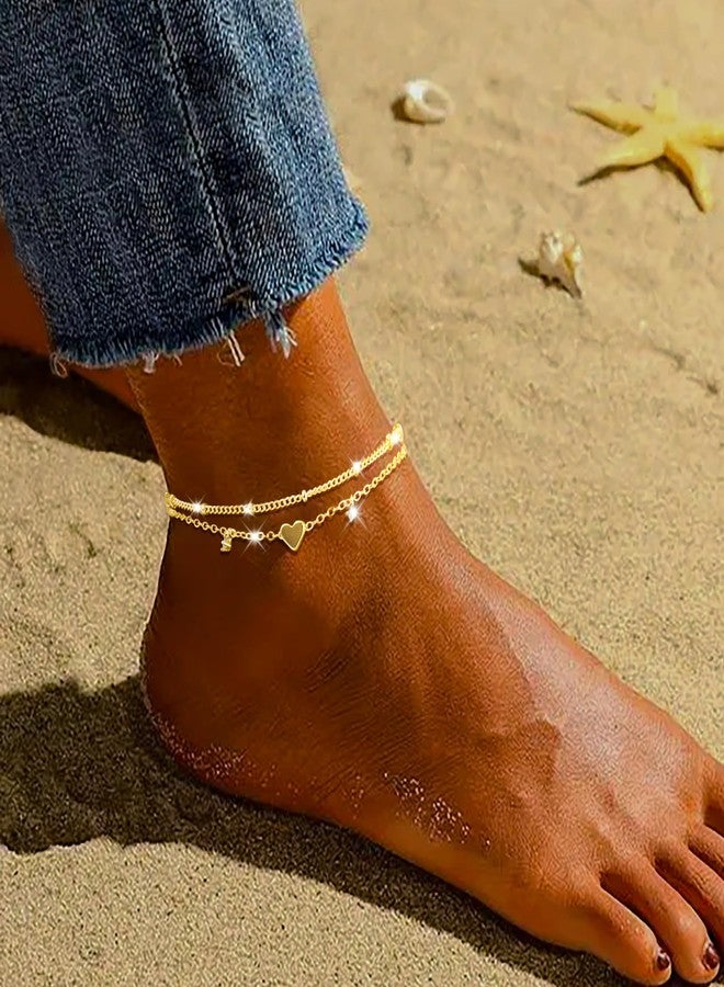 Poxtex Gold Heart Anklet for Women Waterproof, Zircon Gemstone Multilayer Cute Gold Layered Ankle Bracelets for Women, Jewelry Gifts for Mom Her - Image 2