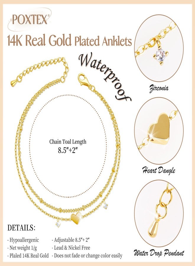 Poxtex Gold Heart Anklet for Women Waterproof, Zircon Gemstone Multilayer Cute Gold Layered Ankle Bracelets for Women, Jewelry Gifts for Mom Her - Image 4