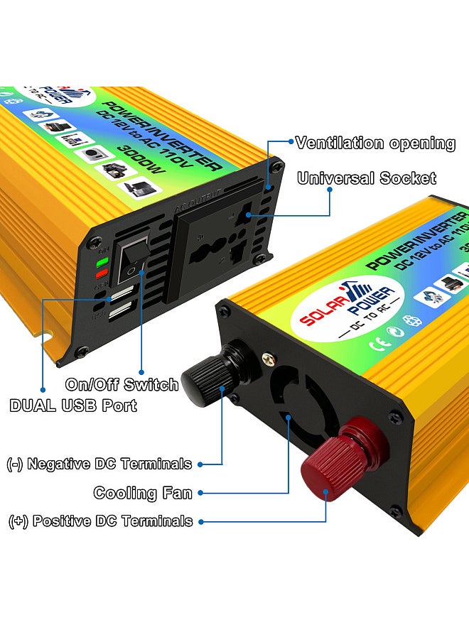 Generic Peaks Power 3000W Modified Sine Wave Inverter High Frequency Power Inverter DC 12V to AC 220V Converter Car Power Charger Inverter with 2.1A Dual USB Port Battery Clips  - Image 3
