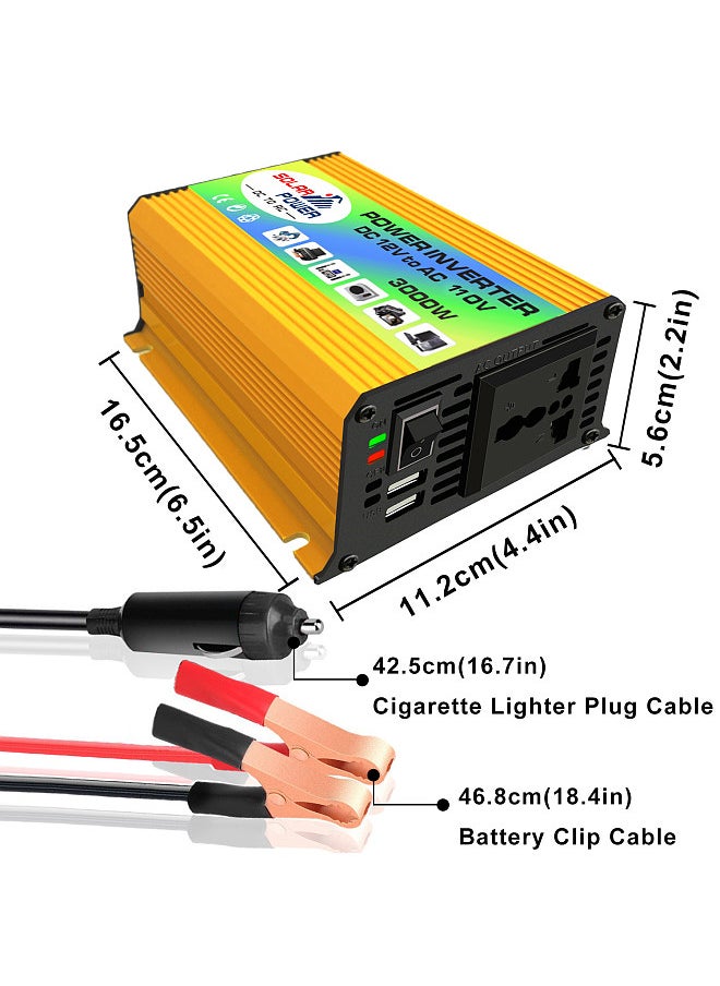 Generic Peaks Power 3000W Modified Sine Wave Inverter High Frequency Power Inverter DC 12V to AC 220V Converter Car Power Charger Inverter with 2.1A Dual USB Port Battery Clips  - Image 4