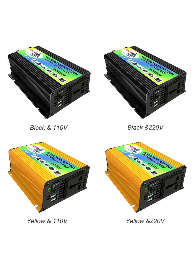 Peaks Power 3000W Modified Sine Wave Inverter High Frequency Power Inverter DC 12V to AC 220V Converter Car Power Charger Inverter with 2.1A Dual USB Port Battery Clips