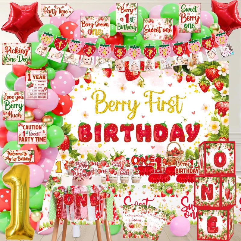 Mpanwen Berry First Birthday Decor Decorations 136 Pcs Strawberry Sweet One 1st Party Supplies for Girls Baby Banner Cake Toppers Balloons Tablecloth Centerpieces Crown Poster Baby Boxes - Image 3