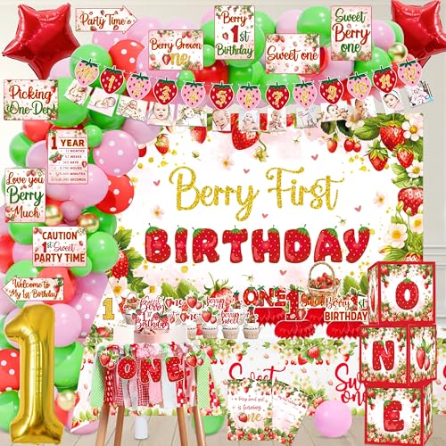 Mpanwen Berry First Birthday Decor Decorations 136 Pcs Strawberry Sweet One 1st Party Supplies for Girls Baby Banner Cake Toppers Balloons Tablecloth Centerpieces Crown Poster Baby Boxes - Image 1
