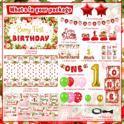 Mpanwen Berry First Birthday Decor Decorations 136 Pcs Strawberry Sweet One 1st Party Supplies for Girls Baby Banner Cake Toppers Balloons Tablecloth Centerpieces Crown Poster Baby Boxes - Image 5