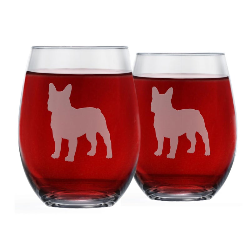 Boston Terrier Stemless Wine Glasses Set of 2  Unique Gift for Dog Lovers  Hand Etched with Breed Name on Bottom