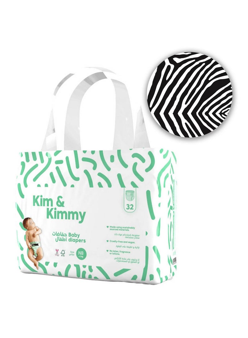 Kim & Kimmy حفاضات أطفال بتصميم شريط زيبرا، 32 قطعة، حديثي الولادة، حتى 5 كجم - حماية من التسرب لمدة 12 ساعة، مؤشر الرطوبة، امتصاص سريع