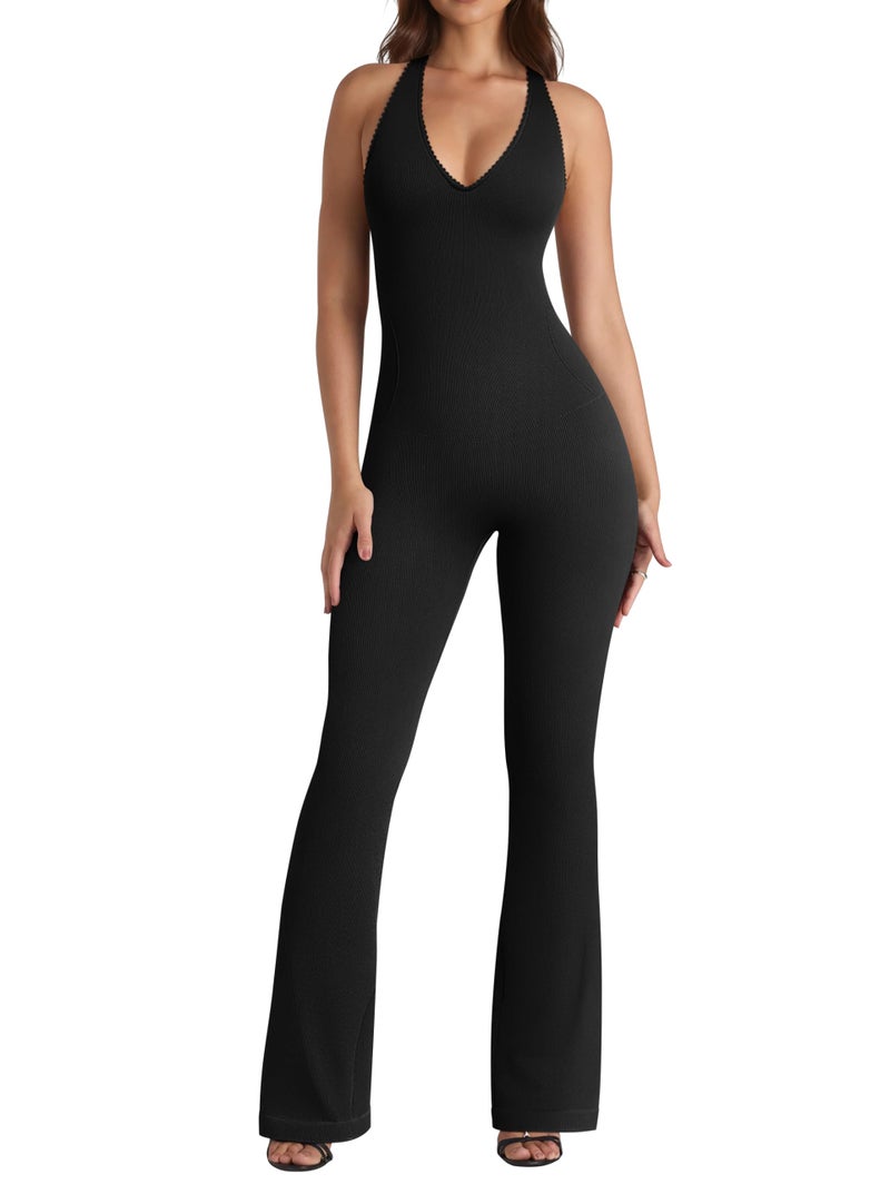 OQQ Jumpsuits for Women Fall Winter Halterneck Sleeveless Lace-Trim Flared Jumpsuit Black - Image 1