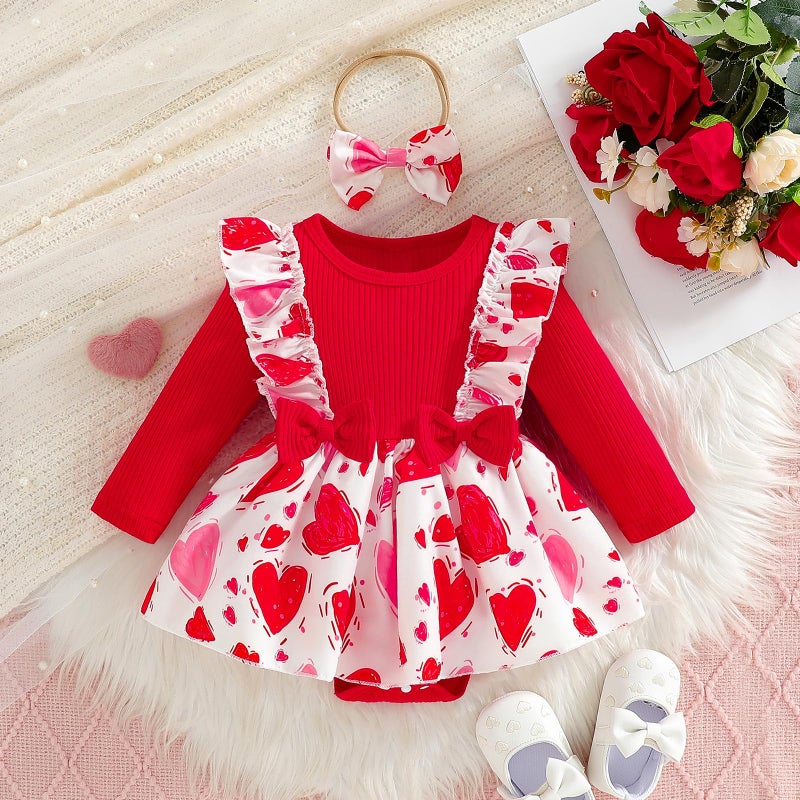 WOLBAY Newborn Infant Valentines Baby Girl Outfit Love Print Romper Drees Ruffles Bodysuit Jumpsuit Clothes And Headband (Red, 0-3 Months) - Image 2